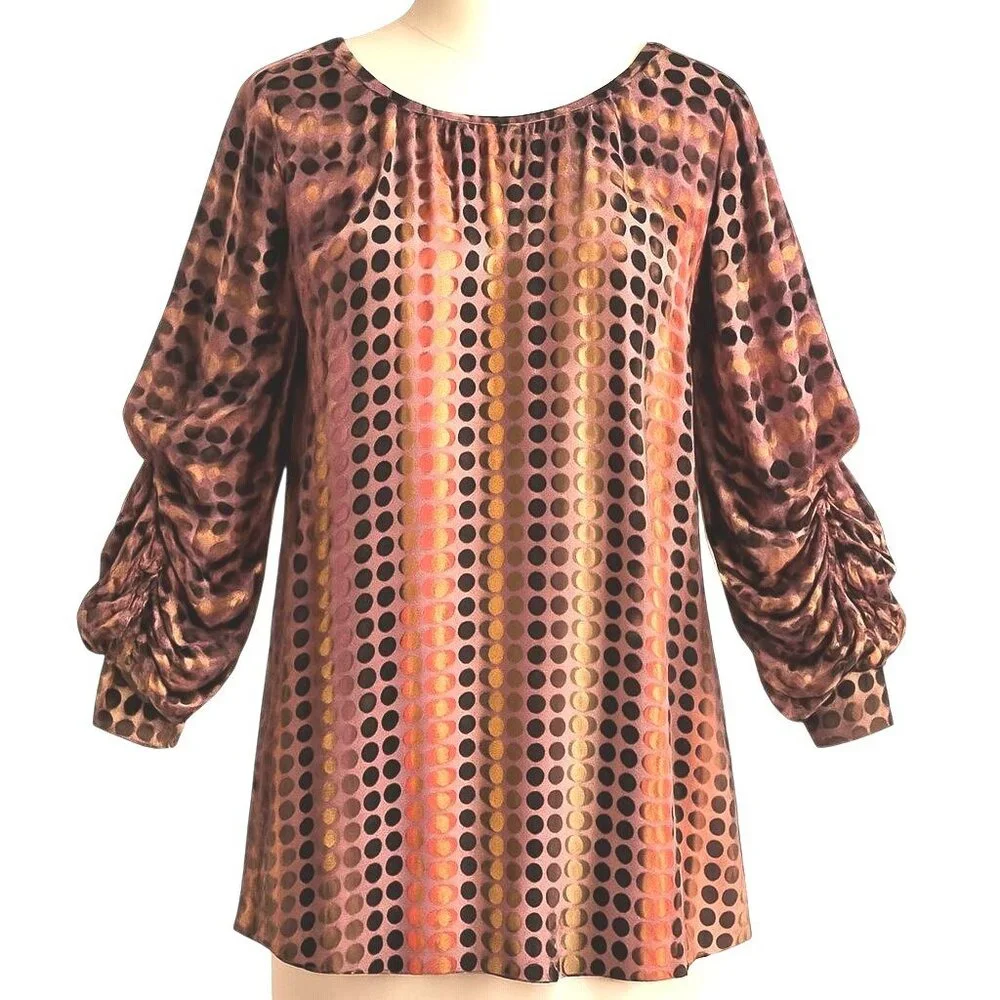 LaRok Silk Blend Tunic Dress Velvet Dot Ruched Sheer Sleeve Boho Chic Size Small - Picture 1 of 10
